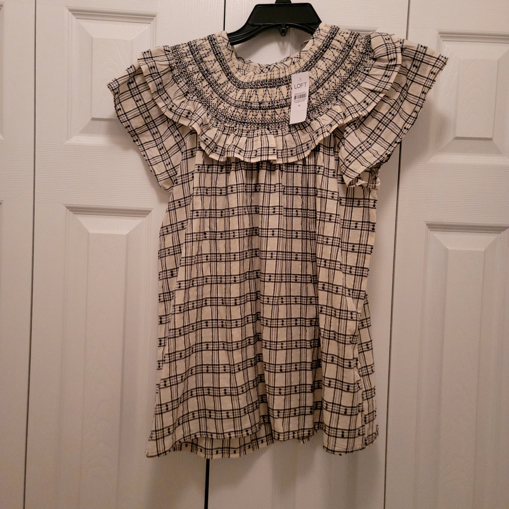 LOFT Blue and Cream Sundress with Flutter Sleeves